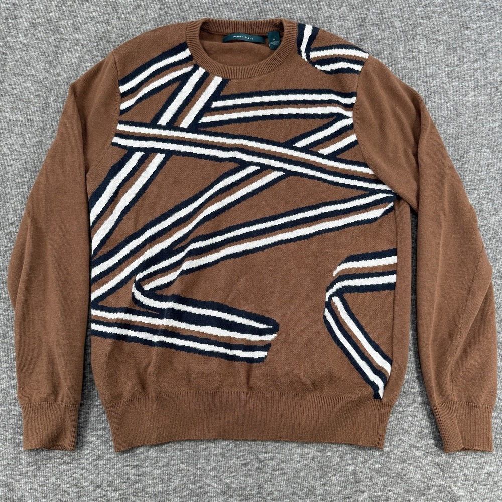 Perry Ellis Mens Brown Abstract Geometric Stripe Crew Neck Sweater Size Medium